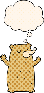 Çizgi roman tarzında bir insan tarafından çizilmiş düşünce kabarcığı olan çizgi film ayısı.