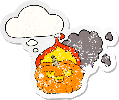 Karikatür alevli Cadılar Bayramı balkabağı. Düşünce baloncuğu, insan tarafından çizilmiş, yıpranmış bir çıkartma.