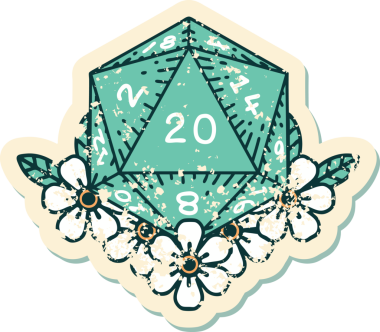 Bir insan tarafından çizilmiş çiçek elementleriyle 20 D20 zarının grunge sticker 'ı.