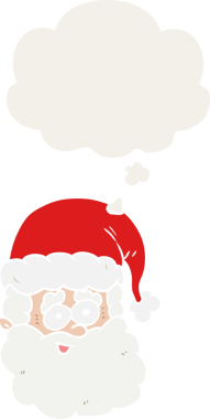 Düşünce baloncuğu olan karikatür noel baba insan tarafından çizilmiş.
