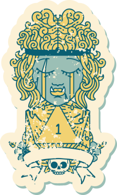 Retro Dövme Tarzı Ağlayan Ork Barbar Karakteri Bir insan tarafından çizilmiş doğal D20 rulosu