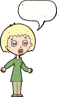 Bir insan tarafından çizilmiş konuşma balonu olan yorgun bir kadın çizgi filmi.