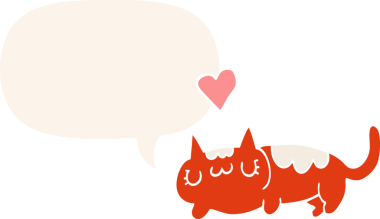 Konuşma baloncuğu olan çizgi film kedisi insan tarafından çizilmiş.