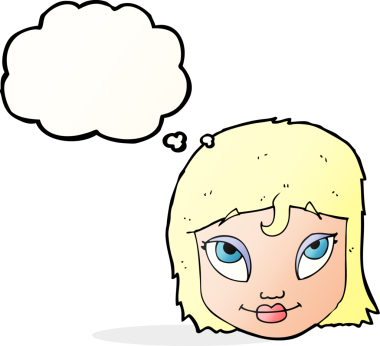 Bir insan tarafından çizilmiş düşünce baloncuğuyla gülümseyen çizgi film kadını.