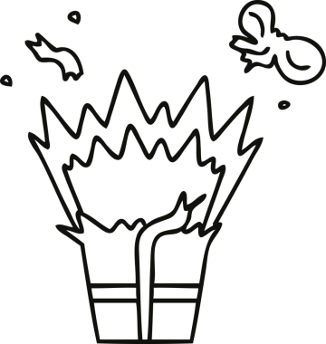 Bir insan tarafından çizilmiş patlayıcı bir hediyenin tuhaf karikatürü.