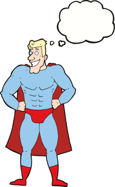 Bir insan tarafından çizilmiş düşünce baloncuğu olan bir süper kahraman.
