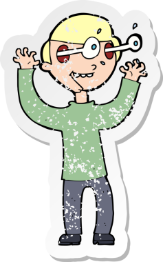 Bir insan tarafından çizilmiş gözleri olan karikatürcü bir adamın gerilemiş retro yapıştırması.