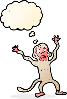 Bir insan tarafından çizilmiş düşünce balonlu korkmuş maymun çizgi filmi.