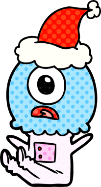 Bir insan tarafından çizilmiş Noel Baba şapkası giyen bir Tepegöz uzaylı uzay adamının el çizimi çizgi roman çizimi.