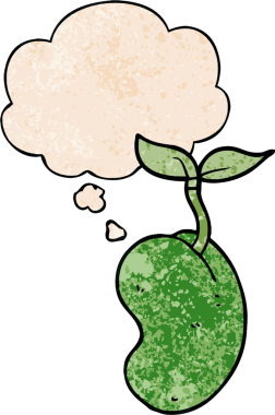 Bir insan tarafından çizilmiş grunge desen tarzında düşünce baloncuğu ile filizlenen çizgi film tohumu