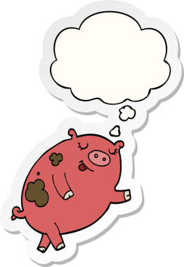 Düşünce baloncuklu dans eden domuz insan tarafından çizilmiş bir çıkartma.