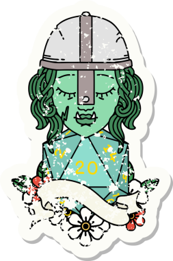 Bir insan tarafından çizilmiş 20 zarlı yarım ork savaşçı karakterinin grunge çıkartması.