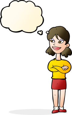 Bir insan tarafından çizilmiş düşünce balonu olan kendini beğenmiş bir karikatür kadını.