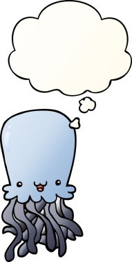 Düşünce baloncuklu çizgi film ahtapotu, bir insan tarafından çizilmiş düzgün eğimli stil.