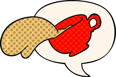 Bir insan tarafından çizilmiş çizgi roman tarzında konuşma balonlu bir kahve fincanı.