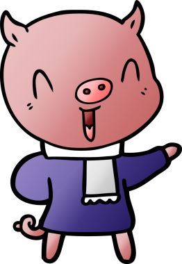 Bir insan tarafından çizilmiş kışın giydirilmiş mutlu domuz çizgi filmi.