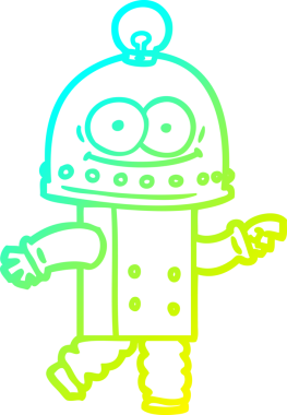 Bir insan tarafından çizilmiş ampullü mutlu bir robot çizimi.