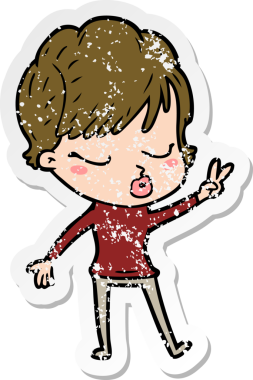 Bir insan tarafından çizilmiş gözleri olan karikatürlü bir kadının sıkıntılı çıkartması.