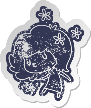 Bir insan tarafından çizilmiş sevimli bir kawai kızının sıkıntılı eski çizgi film çıkartması.