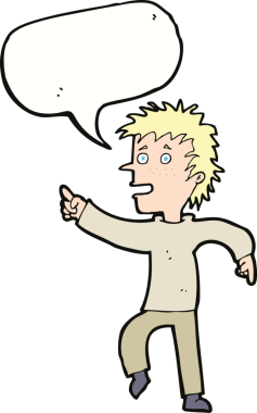 Bir insan tarafından çizilmiş konuşma balonuyla işaret eden mutlu adam çizgi filmi.