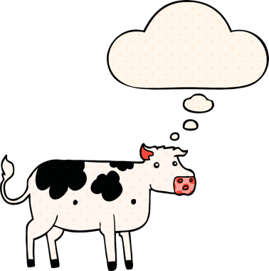 Çizgi roman tarzında bir insan tarafından çizilmiş düşünce balonu olan çizgi film ineği.