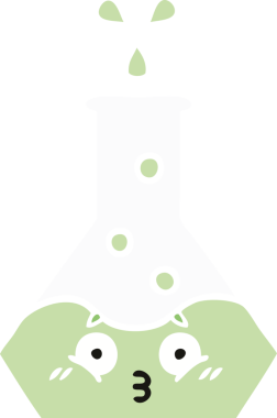 Bir insan tarafından çizilmiş bir bilim şişesinin düz renkli retro karikatürü