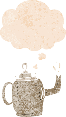 Düşünce baloncuklu eski bir çaydanlık grunge sıkıntılı retro dokuma tarzı bir insan tarafından çizilmiş