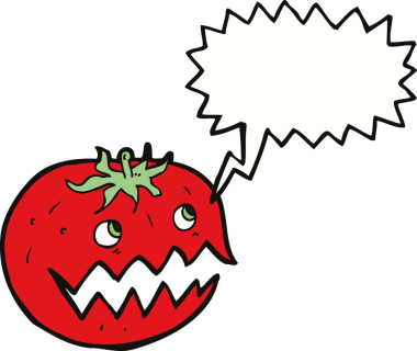 Bir insan tarafından çizilmiş düşünce baloncuklu domates.