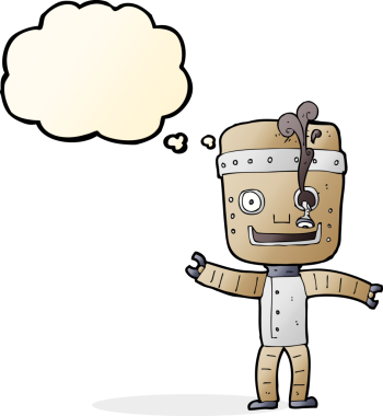 Bir insan tarafından çizilmiş düşünce baloncuğu olan komik yaşlı robot.