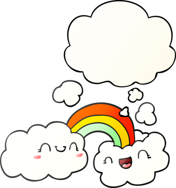 Mutlu karikatür bulutları ve gökkuşağı bir insan tarafından çizilmiş yumuşak eğimli düşünce baloncuğu