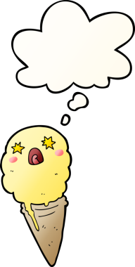 Bir insan tarafından çizilmiş düşünce baloncuklu karikatür şoklu dondurma.