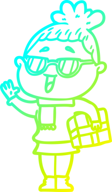 Bir insan tarafından çizilmiş gözlük takan mutlu bir kadının çizgi film çizimi.