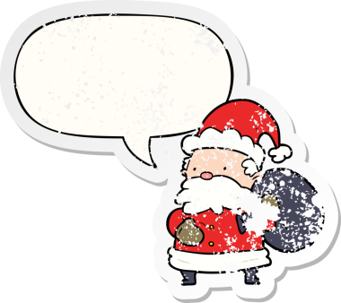 Karikatür Noel Baba. Konuşma baloncuğu olan. Bir insan tarafından çizilmiş sıkıntılı eski bir çıkartma.