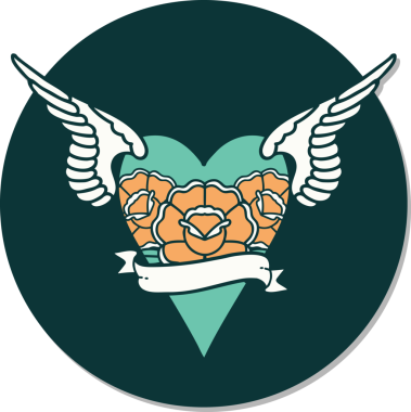 Geleneksel bir kalp stili olan dövme çıkartması. Kanatları ve pankartı bir insan tarafından çizilmiş.