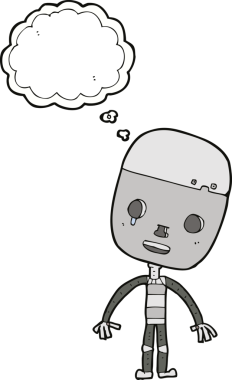 Bir insan tarafından çizilmiş düşünce baloncuklu üzgün robot çizgi filmi.