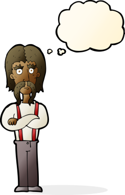 Bir insan tarafından çizilmiş düşünce balonlu kolları katlanmış uzun bıyıklı çizgi film adamı.