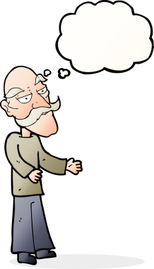 Düşünce baloncuğu çizilmiş bıyıklı yaşlı bir adam.