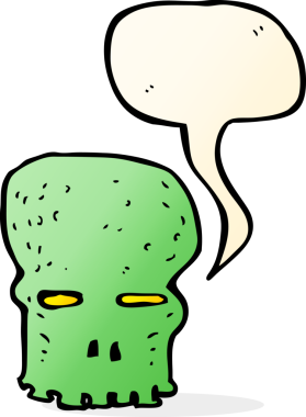 Bir insan tarafından çizilmiş konuşma baloncuğu olan karikatürümsü kafatası.