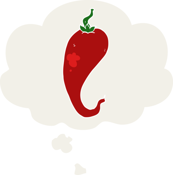 Düşünce baloncuklu kırmızı biber çizgi filmi bir insan tarafından çizilmiş.