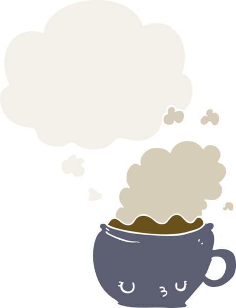 Düşünce baloncuklu tatlı çizgi film kahve fincanı insan tarafından çizilmiş.