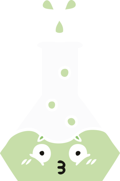 Bir insan tarafından çizilmiş bir bilim şişesinin düz renkli retro karikatürü
