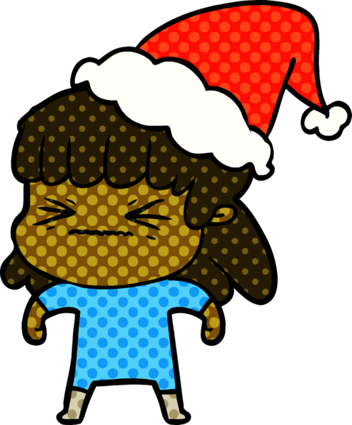 Bir insan tarafından çizilmiş Noel Baba şapkası giyen bir kadının el çizimi çizgi roman tarzı çizimi.