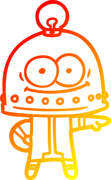 Bir insan tarafından çizilmiş ampullü mutlu bir robot çizimi.