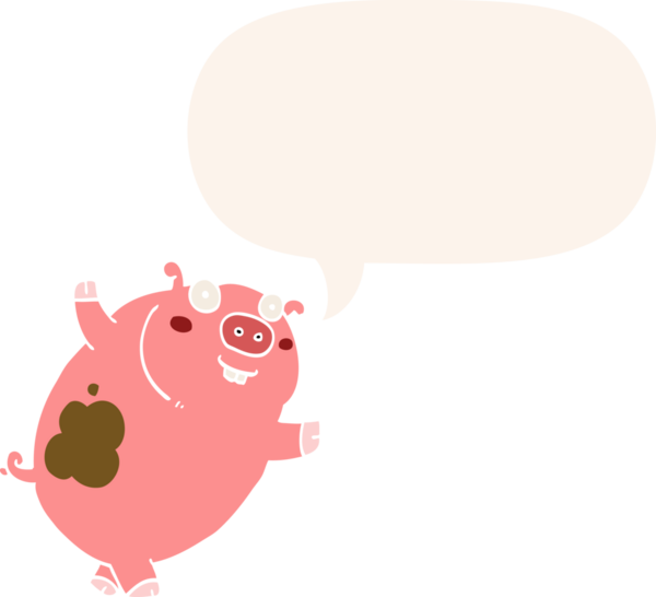 Bir insan tarafından çizilmiş eski moda konuşma baloncuklu komik domuz.