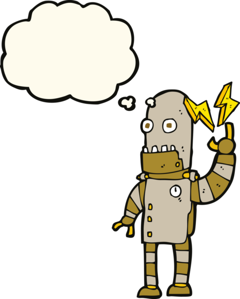 Bir insan tarafından çizilmiş düşünce baloncuğu olan yaşlı bir robot.