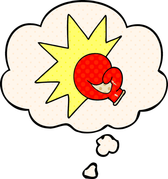 Bir insan tarafından çizilmiş, düşünce baloncuklu boks eldiveni.