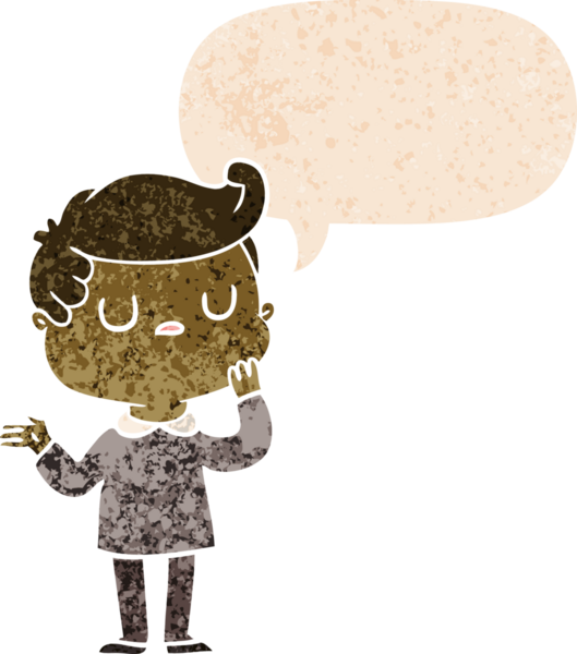 Bir insan tarafından çizilmiş grunge sıkıntılı retro tarzı ile konuşma baloncuğu merak karikatür adam