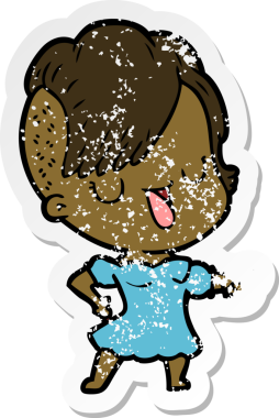 Hipster saç kesimi bir insan tarafından çizilmiş tatlı bir çizgi film kızına ait sıkıntılı bir etiket.