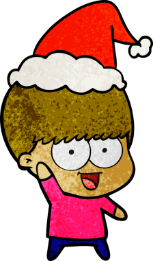 Bir insan tarafından çizilmiş Noel Baba şapkası giyen bir çocuğun çizilmiş mutlu el çizimi karikatürü.