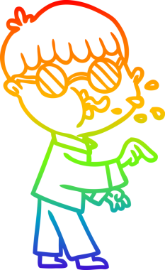 Gökkuşağı gradyan çizgi çizimi gözlük takan ve bir insan tarafından çizilen bir çizgi çocuk.